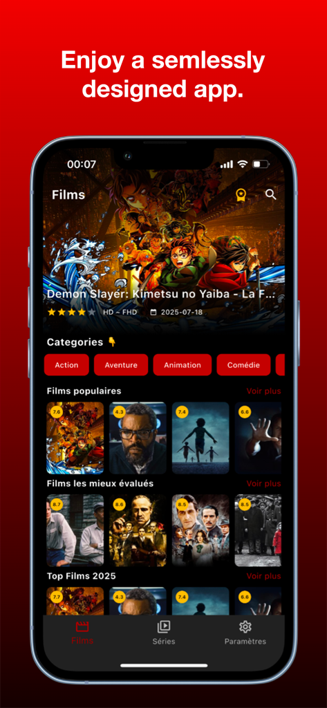 Interfaz de la aplicación de descubrimiento de películas AB Vue que muestra categorías de películas y listados de películas populares.