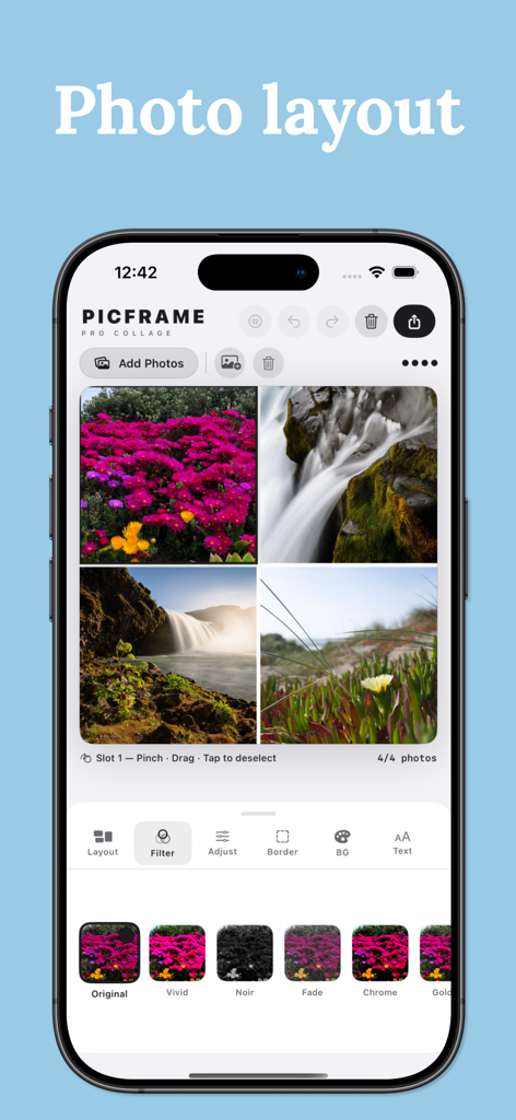 Photo Collage Maker – Picframe - A mobile app interface displaying a four-image photo grid with various filter options and editing tools.