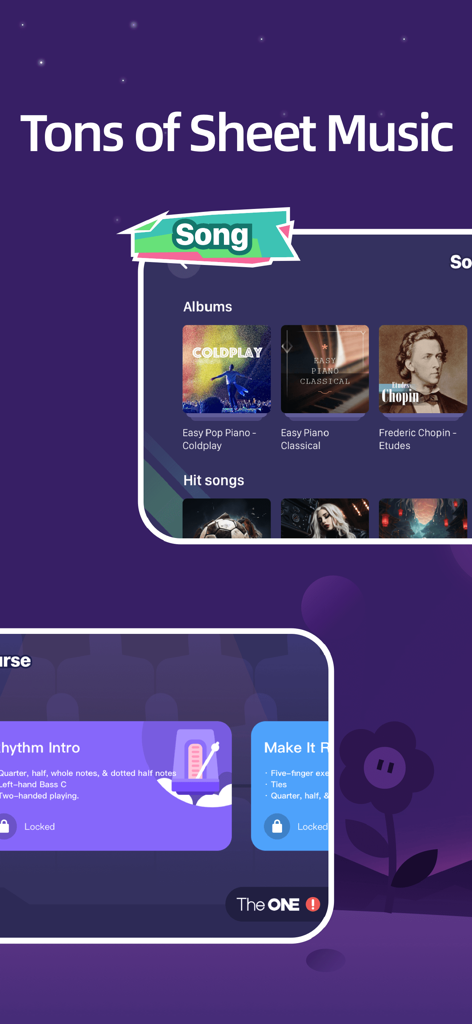 Oberfläche der TheONE Smart Piano App, die eine Bibliothek von Noten-Alben und interaktiven Klavierlektionen anzeigt