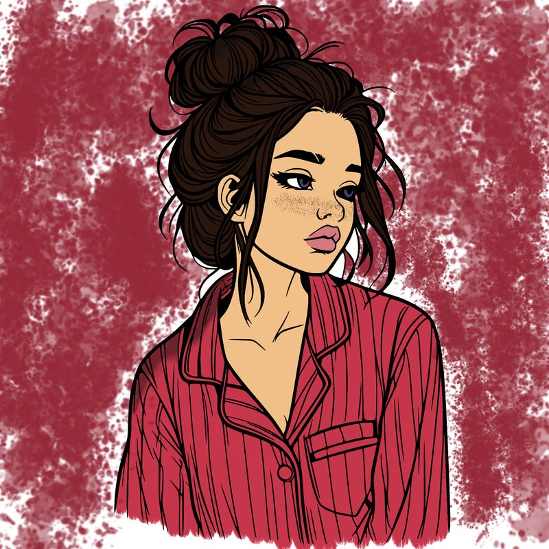realistic woman with pajamas on and a messy bun