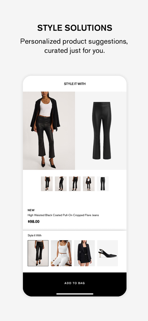 Express - Interface de l'application mobile Express affichant des solutions de style sélectionnées et des suggestions de tenues personnalisées.