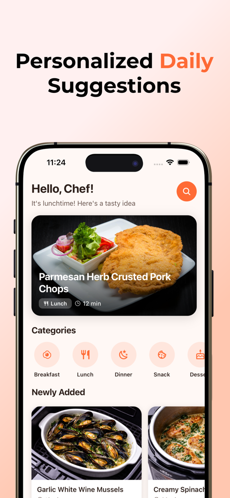 AirFryMeals: Air Fryer Recipes - AirFryMeals 앱 인터페이스에 매일 개인화된 에어프라이어 레시피 제안 및 식사 카테고리가 표시됩니다.