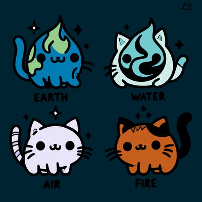 4 cats that represent the different elements, earth, water, air, and fire