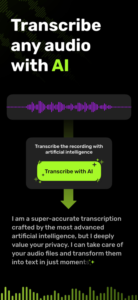 VoiceRec: AI Vocal Recorder - Interface of VoiceRec app showing the AI transcription feature for converting audio recordings to text with high accuracy.