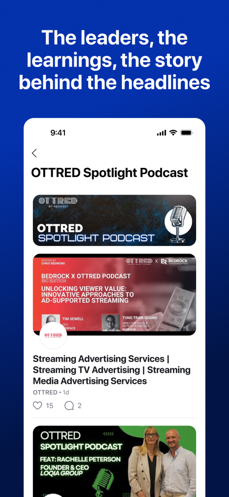 OTTRED - Sección de podcasts destacados de la aplicación OTTRED mostrando episodios para profesionales de medios y streaming