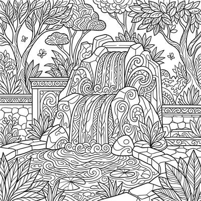 Immerse yourself in the calming beauty of this intricate man-made waterfall coloring page, designed for adult colorists seeking a mindful escape. Discover ornate details in the flowing water, surrounding landscapes, and decorative elements as you bring this tranquil scene to life.