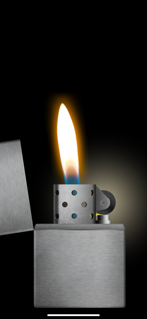 Um isqueiro metálico virtual realista com uma chama acesa em um fundo preto.