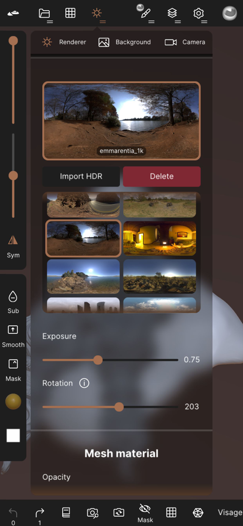 Interface of Nomad Sculpt showing background renderer settings with HDR map options and exposure controls