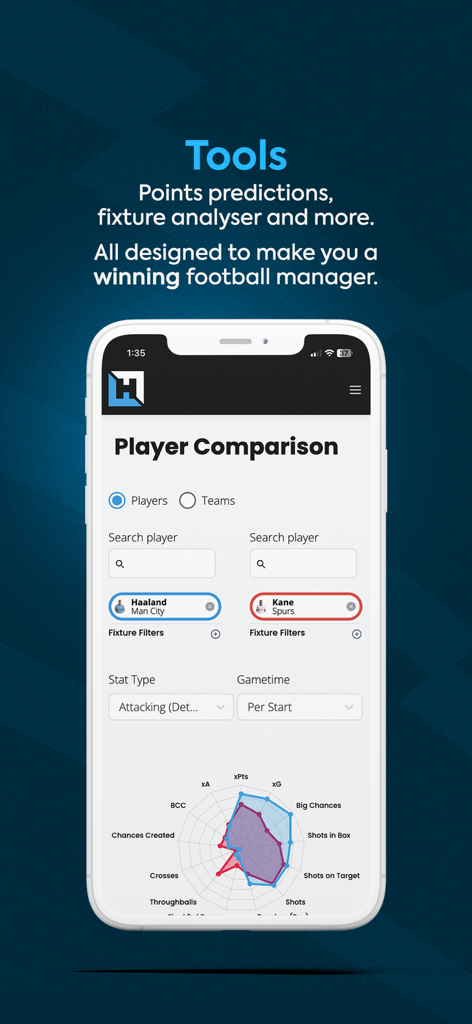 Fantasy football app interface showing player comparison and stats radar chart.