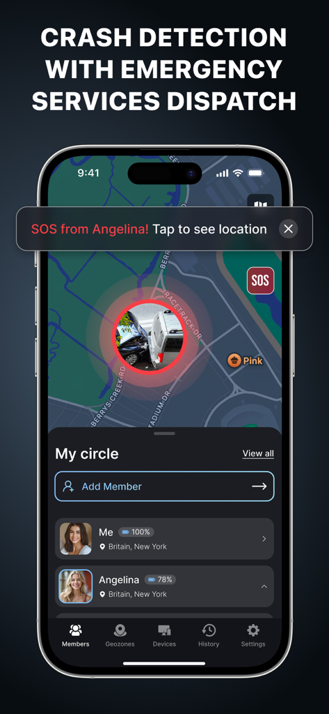 Interface de um aplicativo de rastreamento de telefone mostrando um alerta de detecção de queda e notificação SOS em um mapa com a localização dos membros da família