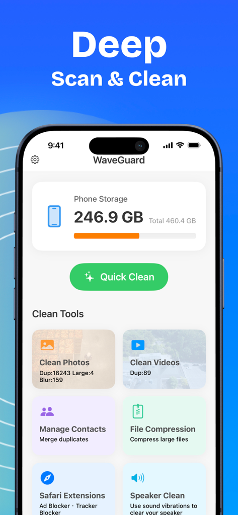 WaveGuard: Sound Clean - WaveGuard mobile app dashboard displaying storage usage and cleaning tools for photos videos and speakers