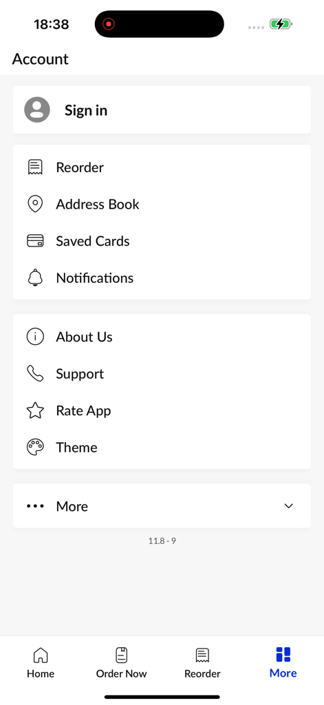 Page des paramètres du compte de l'application Turkish Best Kebab présentant les options de réorganisation et de connexion