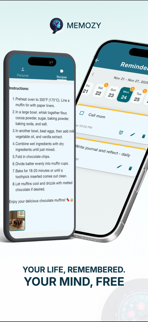 Two smartphones showing Memozy app interfaces for viewing saved muffin recipes and daily task reminders on a calendar