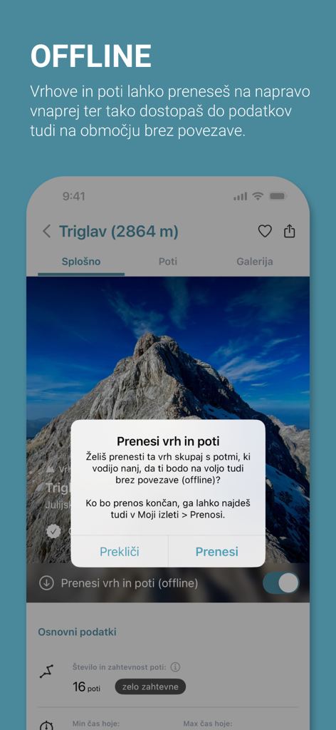 APPEAK - A mobile app interface showing a prompt to download mountain peaks and hiking trails for offline use during treks.