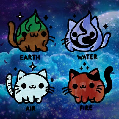 4 cats that represent the different elements, earth, water, air, and fire