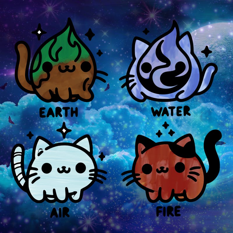 4 cats that represent the different elements, earth, water, air, and fire