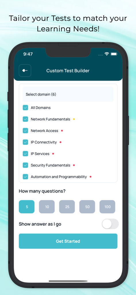 Interfaz del constructor de exámenes personalizados para exámenes CCNA y CCNP que muestra la selección de dominios y las opciones de recuento de preguntas de práctica.