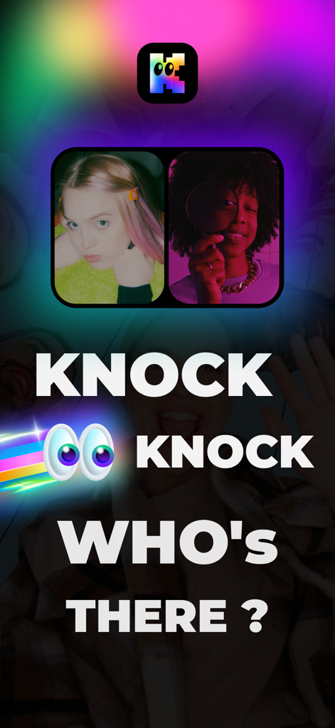 Pantalla de inicio de la app KnocKnock con el texto Knock Knock Who's There e imágenes de mujeres jóvenes en un entorno social vibrante.