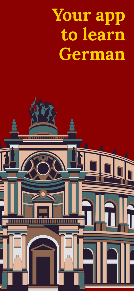 Learn German (Beginners) - Pantalla introductoria de la aplicación Aprende Alemán con una ilustración de arquitectura alemana y el texto Tu app para aprender alemán.