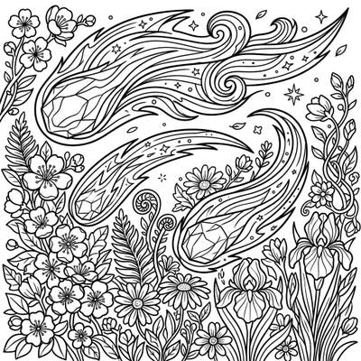 Embark on an extraordinary coloring adventure where celestial wonders meet earthly beauty. This captivating design features powerful interstellar comets soaring through a lush landscape bursting with spring flowers.