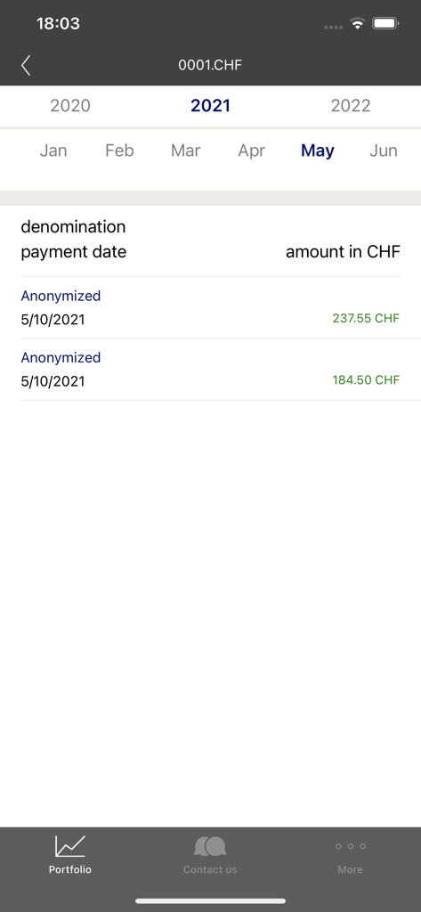 My Heritage - Portfolio transaction history screen in the My Heritage app showing anonymized payments in Swiss Francs for May 2021.