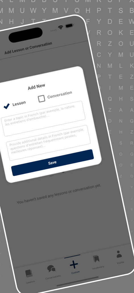 Learn French with AI: ParlezAI - ParlezAI mobile app interface for creating custom French lessons and conversations