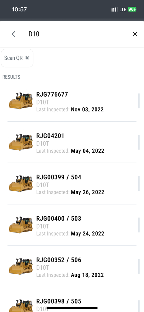 Cat® Wear Management System - Liste des résultats d'inspection pour les bulldozers Caterpillar D10T montrant les numéros de série et les dates de dernière inspection