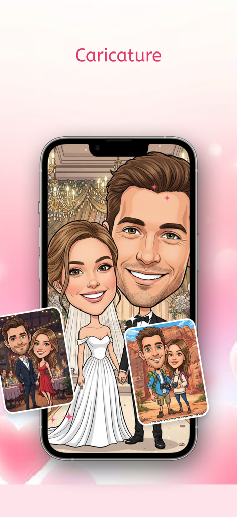 AI Caricature Maker : Photo AI - Interface do aplicativo AI Caricature Maker mostrando retratos de desenho animado românticos para casais
