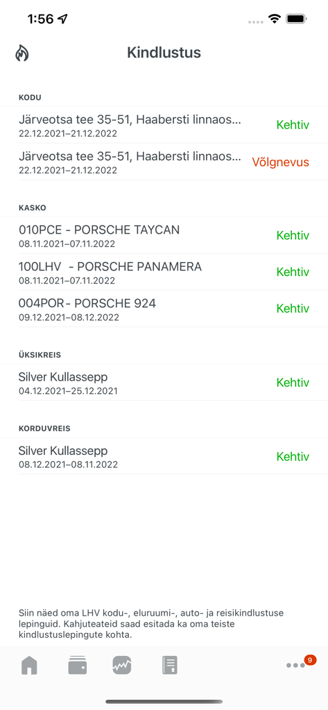 Tela de seguros do aplicativo LHV de celular exibindo detalhes de apólices ativas para residência, veículo e viagens