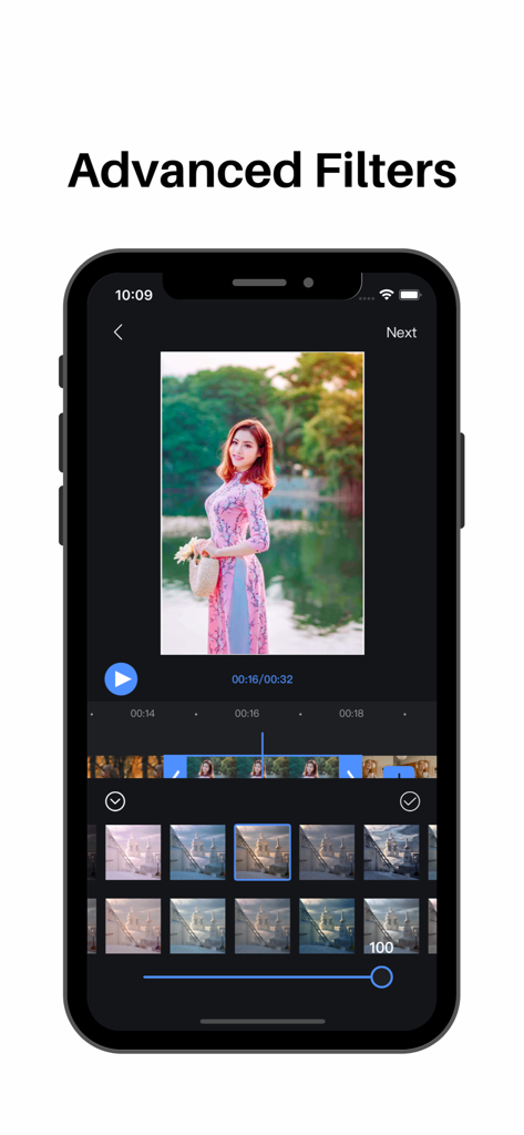 Video Editor : Video Maker，Cut - Pantalla de iPhone que muestra la interfaz de filtros avanzados para la edición de vídeo.