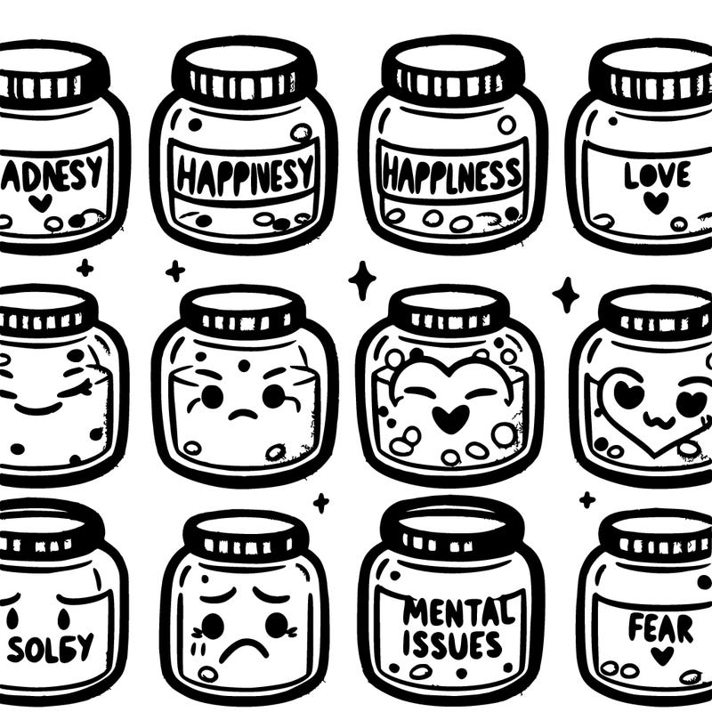 10 jars  medium with feeling lables. feelings are sad,happy,love,anger,jealousy,mental issues,depression,anxiety, scared