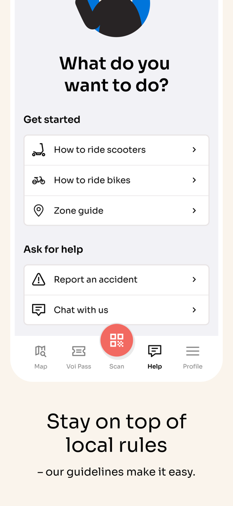 The help screen of the Voi app featuring riding guides for e-scooters and e-bikes plus support options