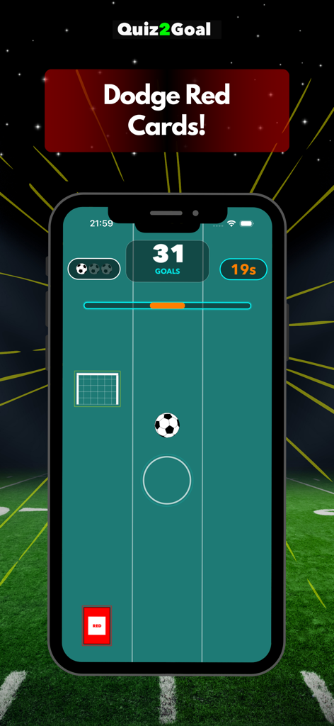Quiz2Goal - Football Game - Quiz2Goal football game interface showing gameplay to dodge red cards and score goals