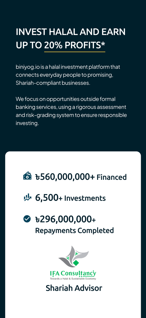 biniyog.io - Biniyog io halal investment platform stats and Shariah advisor information