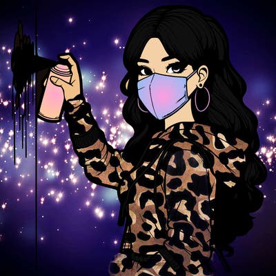 realistic girl with mask spray painting a wall