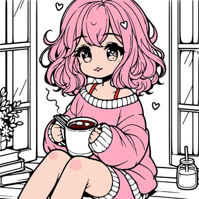 cute anime girl reading book and drinking hot chocolate from mug with loose wavy hair wearing a baggy sweatshirt and shorts sitting by windowsill looking out