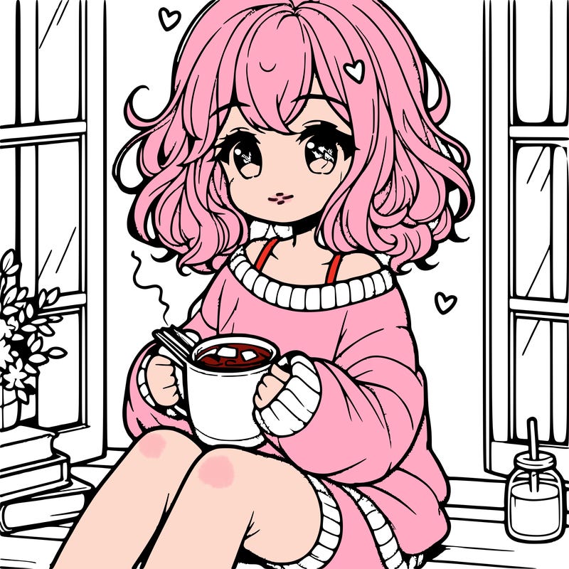 cute anime girl reading book and drinking hot chocolate from mug with loose wavy hair wearing a baggy sweatshirt and shorts sitting by windowsill looking out