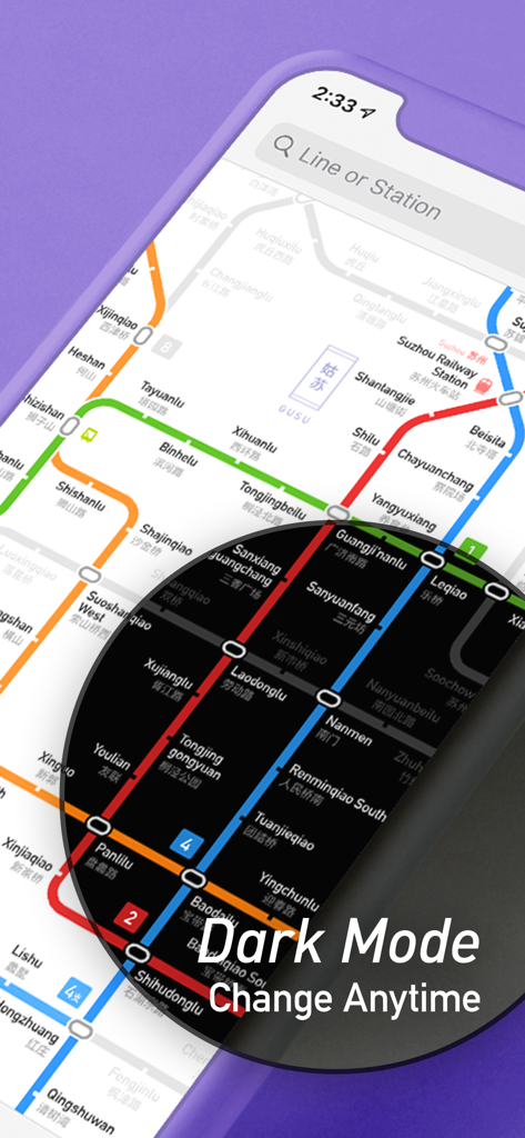 MetroMan Suzhou - MetroMan Suzhou app showing a preview of the dark mode interface on the metro map