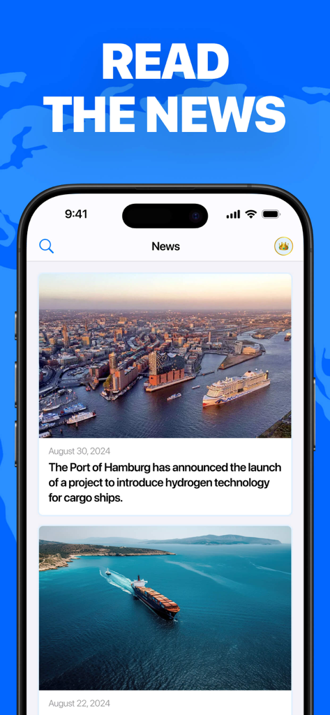 항구 및 화물선에 대한 기사 및 해양 산업 업데이트를 표시하는 Marine Traffic 및 Ship Tracker 앱의 뉴스 피드.