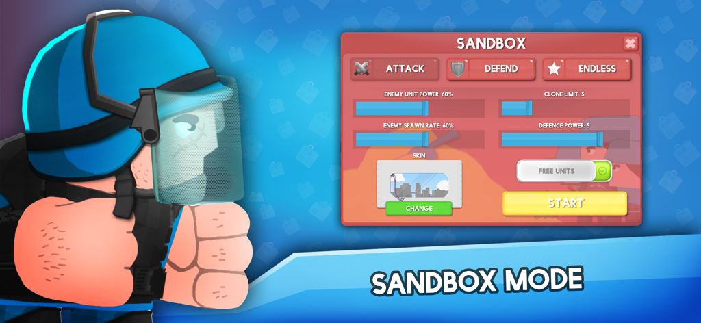 Clone Armies Tactical Gameのサンドボックスモードインターフェース、ユニットとスポーン設定を表示