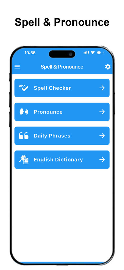 Correct Spelling-Spell Checker - Main menu of the Correct Spelling app showing spell checker pronounce daily phrases and English dictionary options