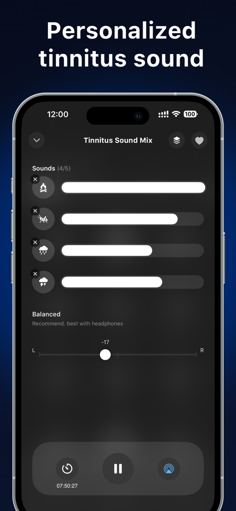 TinniSound: Tinnitus Relief - Mobile app interface of TinniSound showing personalized sound blending sliders and ear balance control for tinnitus relief.