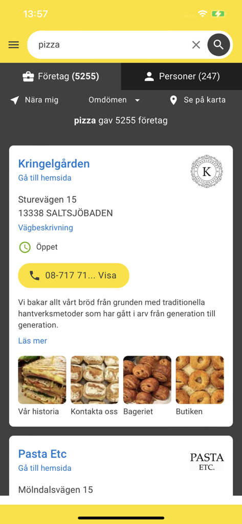 Capture d'écran de l'application mobile Eniro montrant les résultats de recherche d'entreprises locales pour la pizza avec des informations détaillées pour une boulangerie, y compris l'adresse et les photos