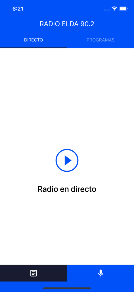 Interfaccia dell'app mobile di Radio Elda che mostra la schermata dello streaming in diretta con un grande pulsante di riproduzione e il testo Radio en directo