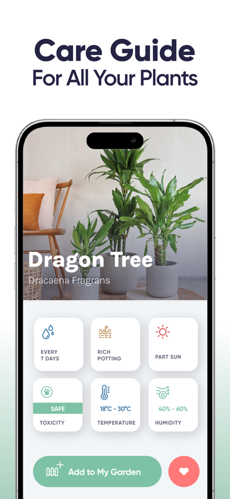 Plant Identifier, Care: Planty - A detailed plant care guide for a Dragon Tree in the Planty app showing watering light and pet toxicity data