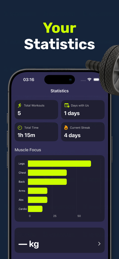 FitTrack Pro - Pantalla de estadísticas de la aplicación FitTrack Pro que muestra el total de entrenamientos, tiempo y gráfico de distribución de carga de enfoque muscular.