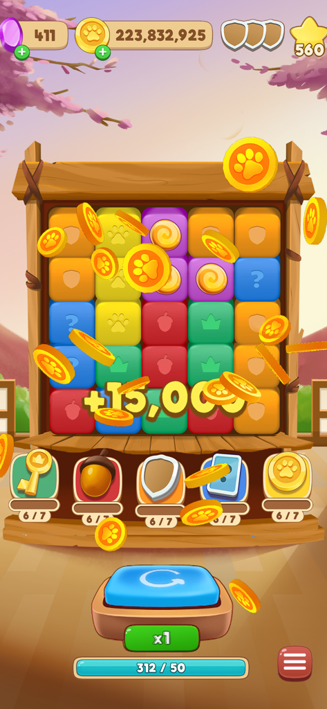 Gameplay screenshot of Tiles Of Fortune showing colorful tiles being matched and a large coin reward popping up on the screen.