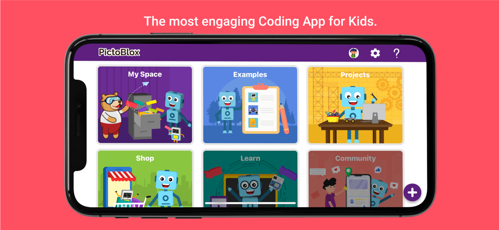PictoBlox-Coding, Robots & AI - Pantalla de inicio de la aplicación PictoBlox que muestra el menú principal con opciones para proyectos, aprendizaje y ejemplos