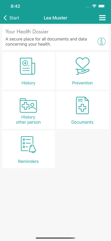SWICA Benecura - SWICA Benecura Gesundheitsdossier-Dashboard zeigt Symbole für Krankengeschichte, Prävention und Dokumente