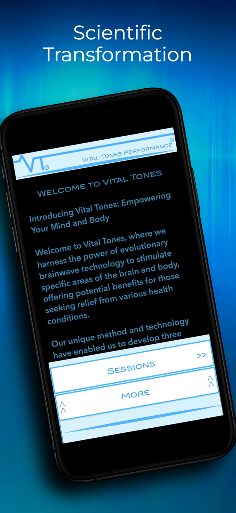 Tela do smartphone mostrando a introdução Bem-vindo ao Vital Tones e visão geral da tecnologia de ondas cerebrais
